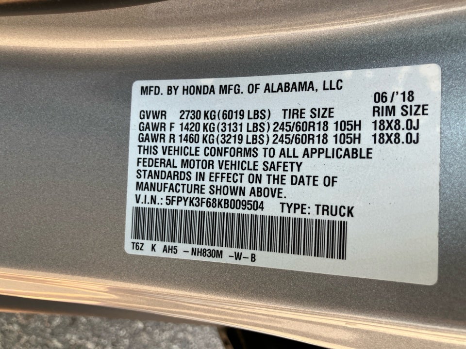 2019 Honda Ridgeline RTL-T