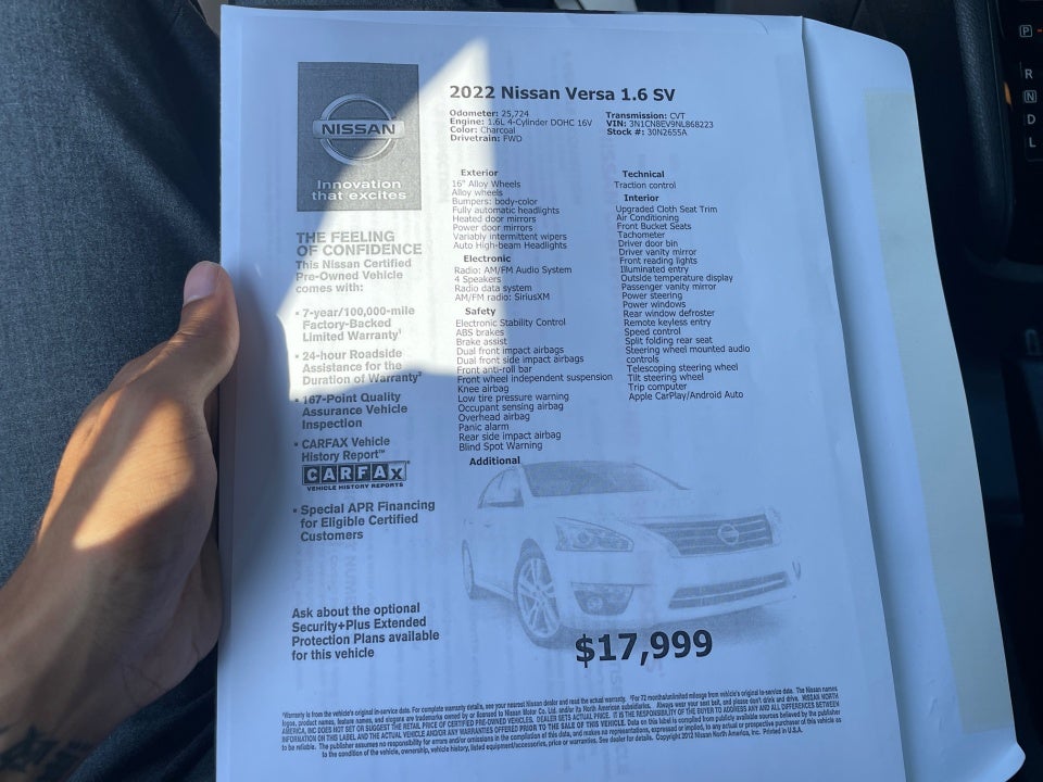 2022 Nissan Versa 1.6 SV Xtronic CVT